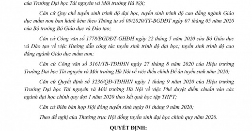 Công nhận thí sinh trúng tuyển vào các ngành đại học chính quy đợt 1 năm 2020 theo phương thức sử dụng kết quả học tập THPT (Học bạ)